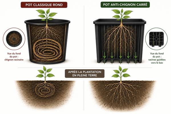 Schéma comparatif entre pot classique avec racines en spirale et pot anti-chignon avec racines verticales